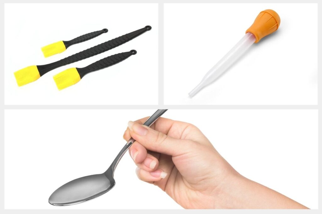 Collage of basting tools including brushes, bulb, and hand holding a spoon