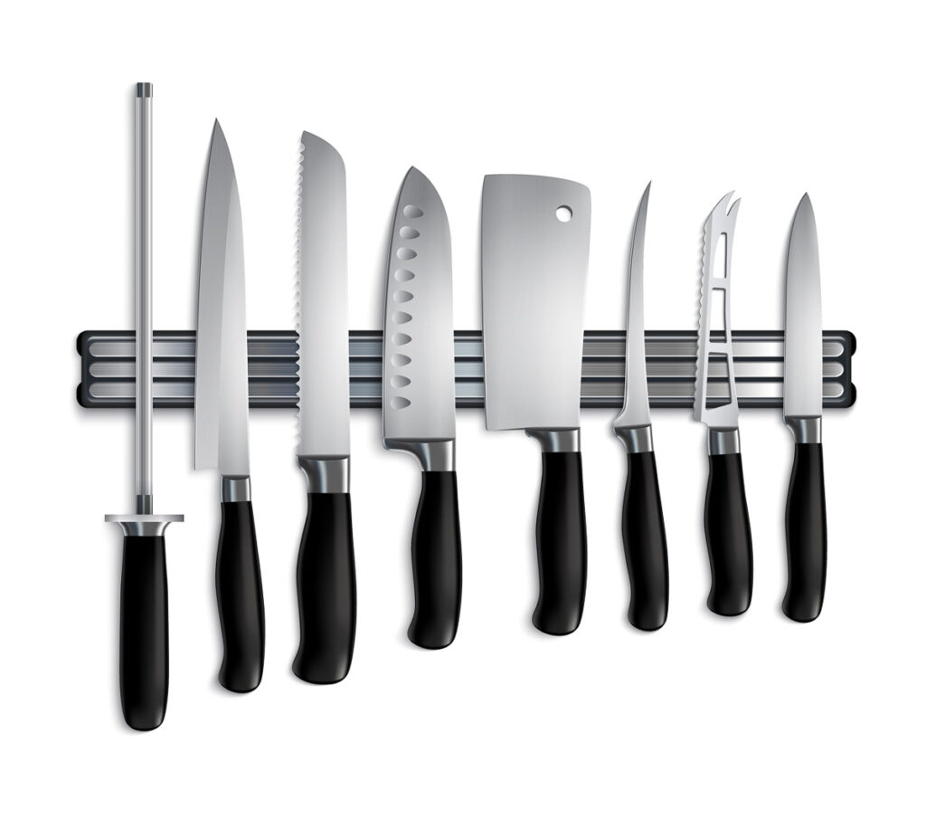Butchers knives set on magnetic holder closeup realistic image with cleaver chopper steel sharpening rod illustration
